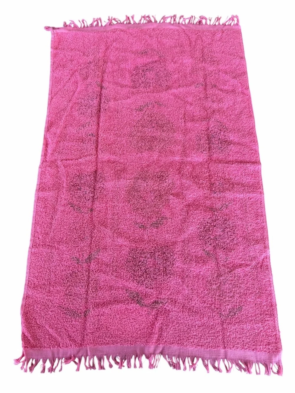 Vintage Canon Hot Pink Floral Fringed Kitchen Towel NOS 100% Cotton USA 17x30